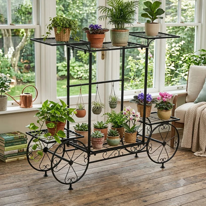 Garden Cart Stand Flower Pot Holder Display Rack Home Plant Stand - Multi-Functional Garden Storage Organizer