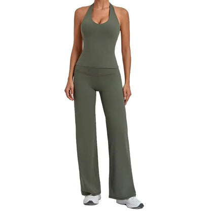 Women Halter V Neck 2Pcs Yoga Outfit Backless Crop Top High Waist Flare Pants Soft Stretch Workout Gym Pilates Casual Tracksuit