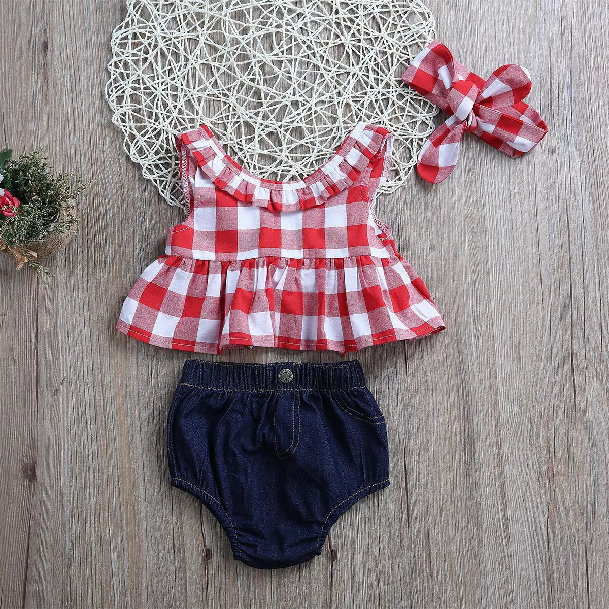 Pudcoco Baby Girls Clothes Sets Red and White Plaid Sleeveless Top Denim Shorts with Headband Toddler Girl Summer Outfits 0-3T