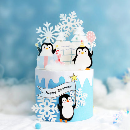 Happy Birthday Cake Topper Penguin Hat Snowflake Anniversary Cupcake Toppers Baking DIY Party Flag Baby Shower Cake Decor