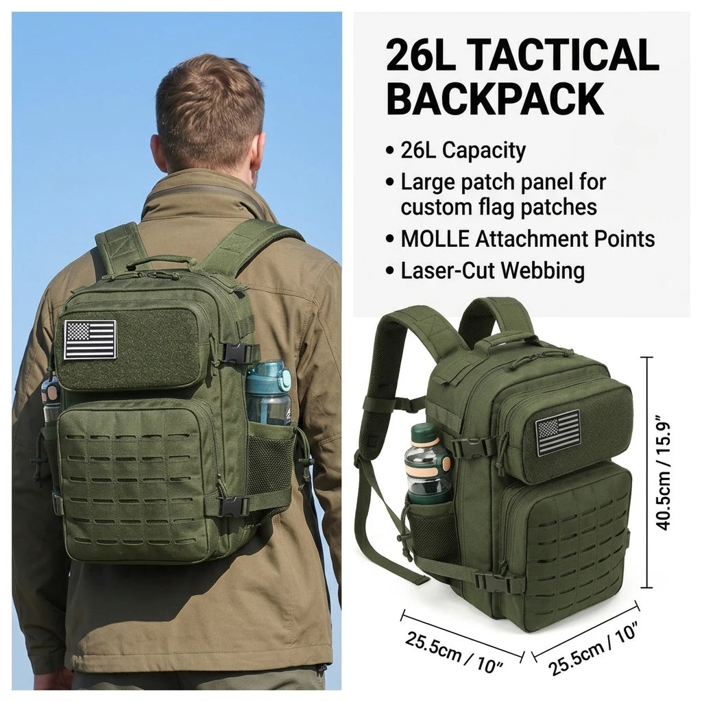 26L Tactical Backpack Men Women MOLLE Outdoor Survival Fitness Hiking Rucksack With Dual Double Cup Holders Camping Travel Daily Use Backpack