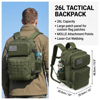 26L Tactical Backpack Men Women MOLLE Outdoor Survival Fitness Hiking Rucksack With Dual Double Cup Holders Camping Travel Daily Use Backpack