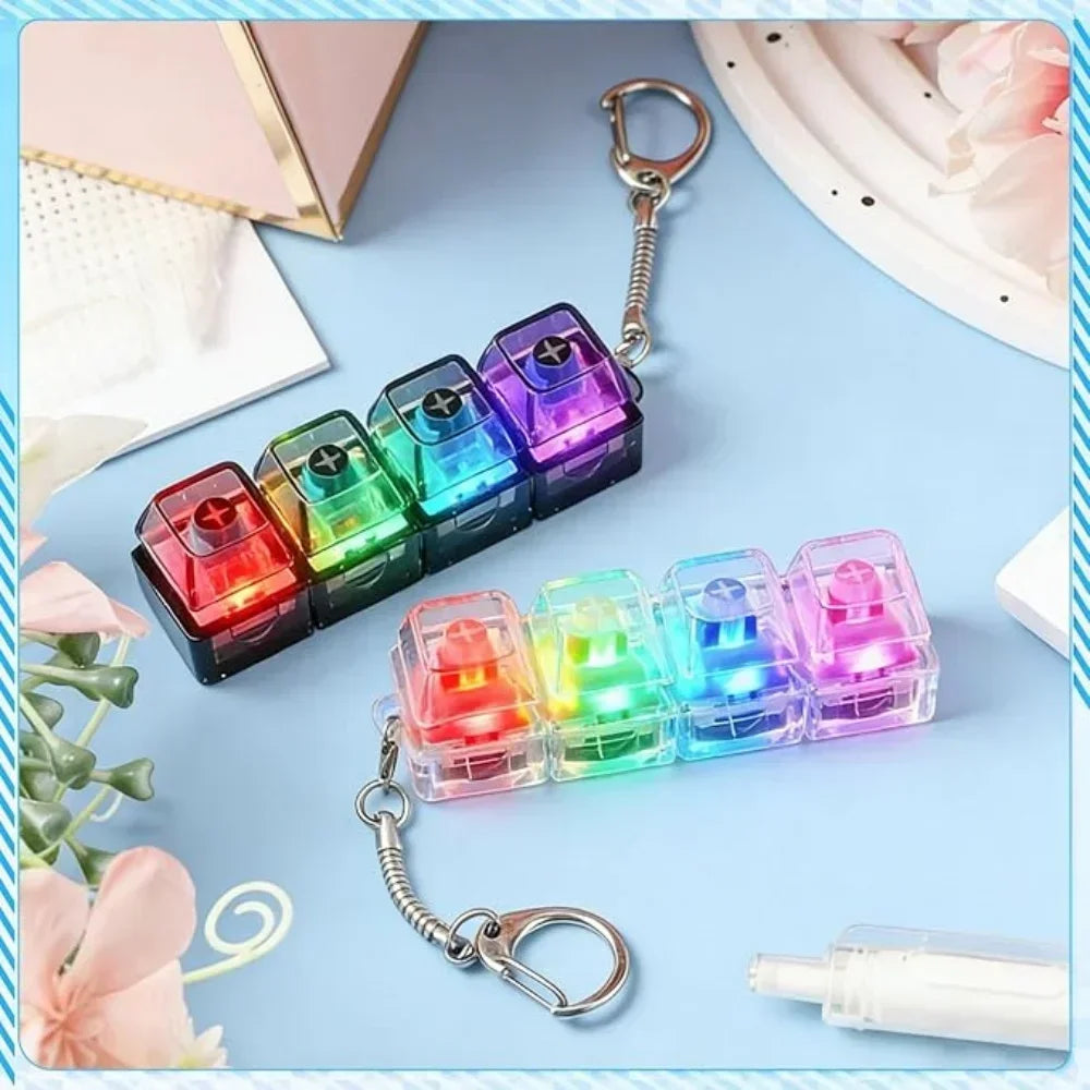 1pcs LED Keyboard Keycap Stress Relief Keychain  4 Button Fidget Tool for Adult Kids Office Decompression Gadget Tech Keychain