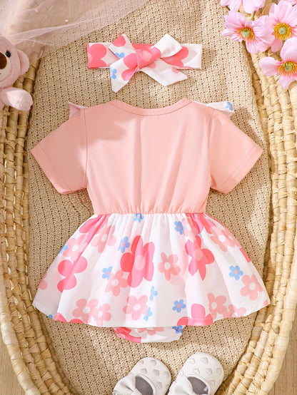 Two-Piece Set of Baby Girl Casual Dresses for Spring and Summer, Cute and Sweet Style Dresses with Cartoon Bear Patches, Floral Digital Print Patterns, Baby Girl Romper and Headband