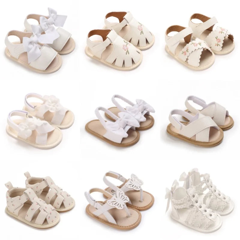 Baby Learning Walk Shoes, Breathable Summer Sandals with Bow & Embroidery, Soft Comfort Footwear for Newborn Infants 0-18M