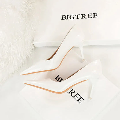 Autumn Patent Leather Concise Women's Shoes Pointed Toe Office High Heels Pumps Women Sexy Party Wedding Shoes Shallow Nude Red