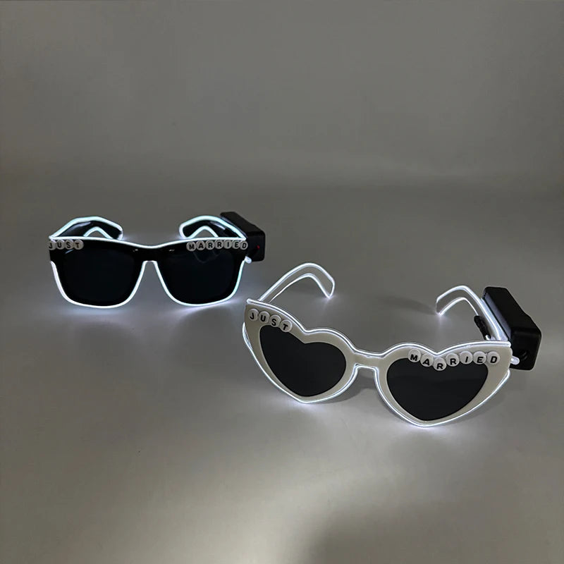 Wireless Luminous Just Married Glasses Glow in the Dark Glasses LED Light Up Glasses for Wedding Bride to Be Party Props