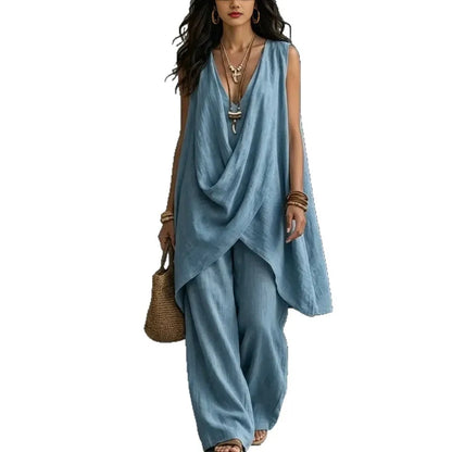 Women Holiday Blouse Pant Suits Summer Sexy V Neck Sleeveless Loose Asymmetrical Blouse Tops&Wide Leg Full Trouser Sets