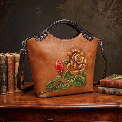 Large Capacity Genuine Leather Crossbody Bag for WomenCowhide Tote with 3D Embossing  Hand-Painted Mother Gift Shoulder Purse
