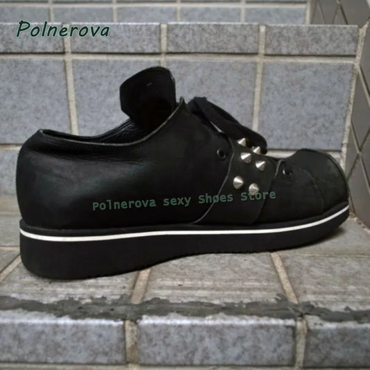 Black Rivet Belt Buckle Pumps 2026 Spring Summer New Arrivals Square Toe Thick Sole Lace Up Couple Pu Leather Shoes Casual Trend