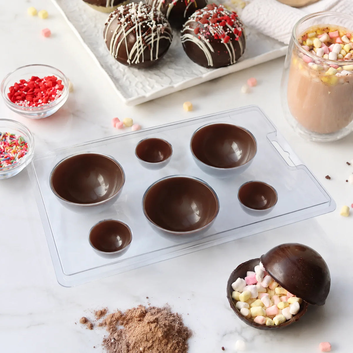 Hot Chocolate Sphere Molds 5Pcs 2 Sizes Hemisphere Food Grade PET Clear Moulds with Kraft Box for Cocoa Candy Soap