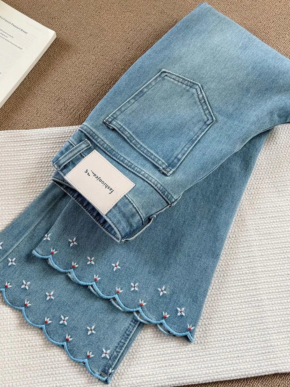 Blue Embroidered Floral Micro Flared Jean Women's Spring Summer High Waist Slim Denim Trousers Versatile Ankle-length Pants