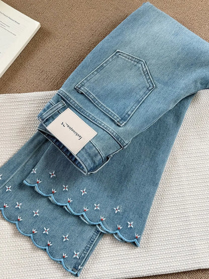 Blue Embroidered Floral Micro Flared Jean Women's Spring Summer High Waist Slim Denim Trousers Versatile Ankle-length Pants