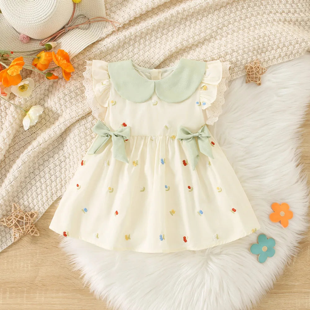 Summer Toddler Dress Cute Doll Collar Flower Embroidered Bow Princess Dress for Baby Girl 0-2 Years Old