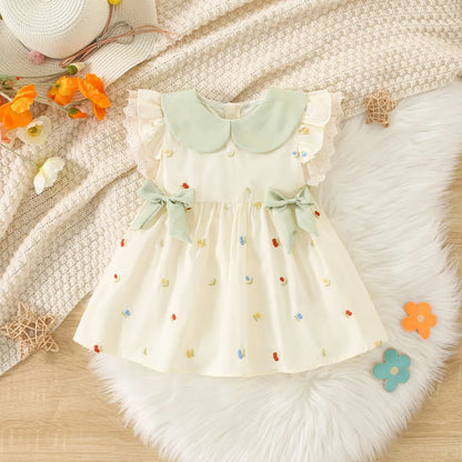 Summer Toddler Dress Cute Doll Collar Flower Embroidered Bow Princess Dress for Baby Girl 0-2 Years Old
