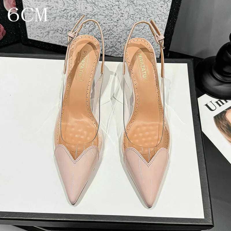 2026 Summer New Fairy-style Heart-shaped Pointed Toe Thin Heel Sandals for Women Transparent Patchwork Headpiece Back High Heels