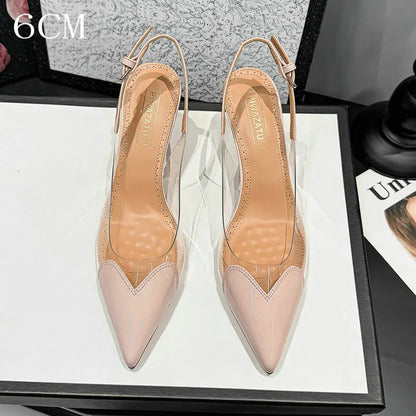 2026 Summer New Fairy-style Heart-shaped Pointed Toe Thin Heel Sandals for Women Transparent Patchwork Headpiece Back High Heels