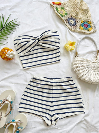 Striped Knit 2-Piece Set, Twist-Front Bandeau Top + Shorts