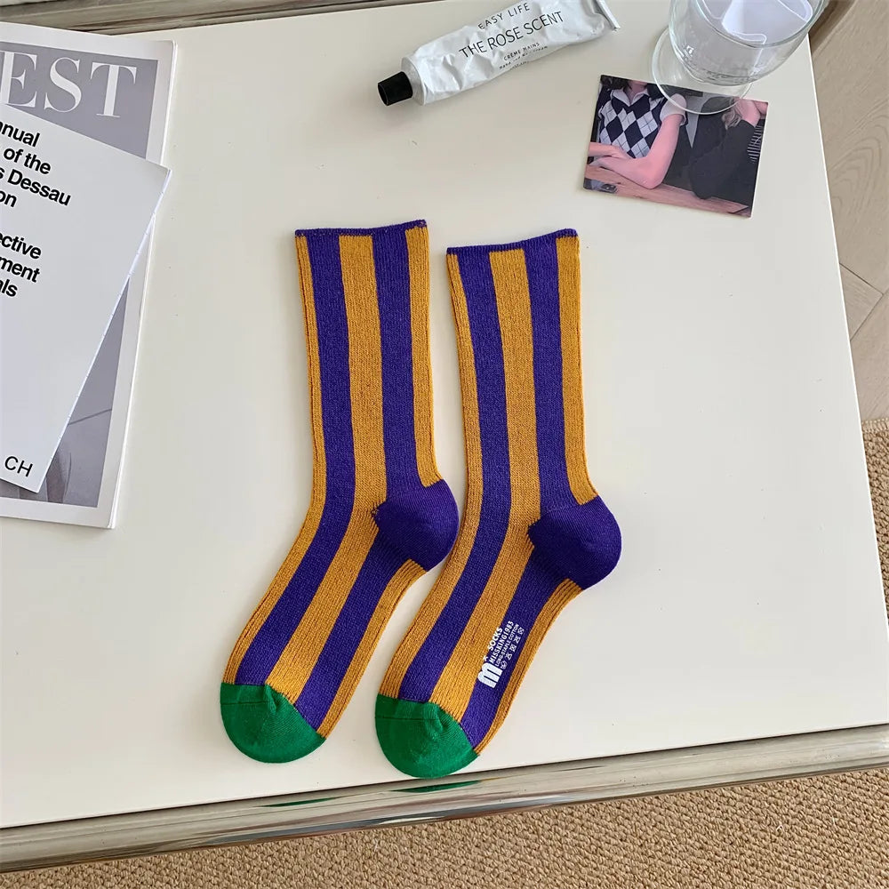 1Pairs Striped Funny Socks Korean Japanese Man Women Design Unisex Fashion Trendy Crew Stockings