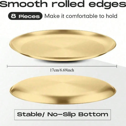8pcs Korean Stainless Steel Barbecue Thick Gold Round Plate 17CM Barbecue Plate Steel Food Serving Trays Dinner Plates