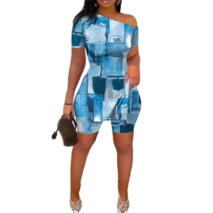 Print Two Piece Shorts Sets Women Skew Collar Short Sleeve Shirts Side Split Tops Pullover Elastic Waist Trousers Summer 2025