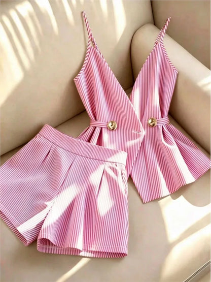 Women Striped 2 Piece Set V-neck Top Lace Up High Waist Pleated Wide Leg Shorts Summer Fashion Office Ladies Commuting Outfit