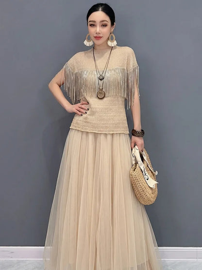 SHENGPALAE Fringe Short Sleeve Knit Top Tulle Maxi Skirt Two Piece Set Elegant Casual Summer Women Outfit 2026 New Summer