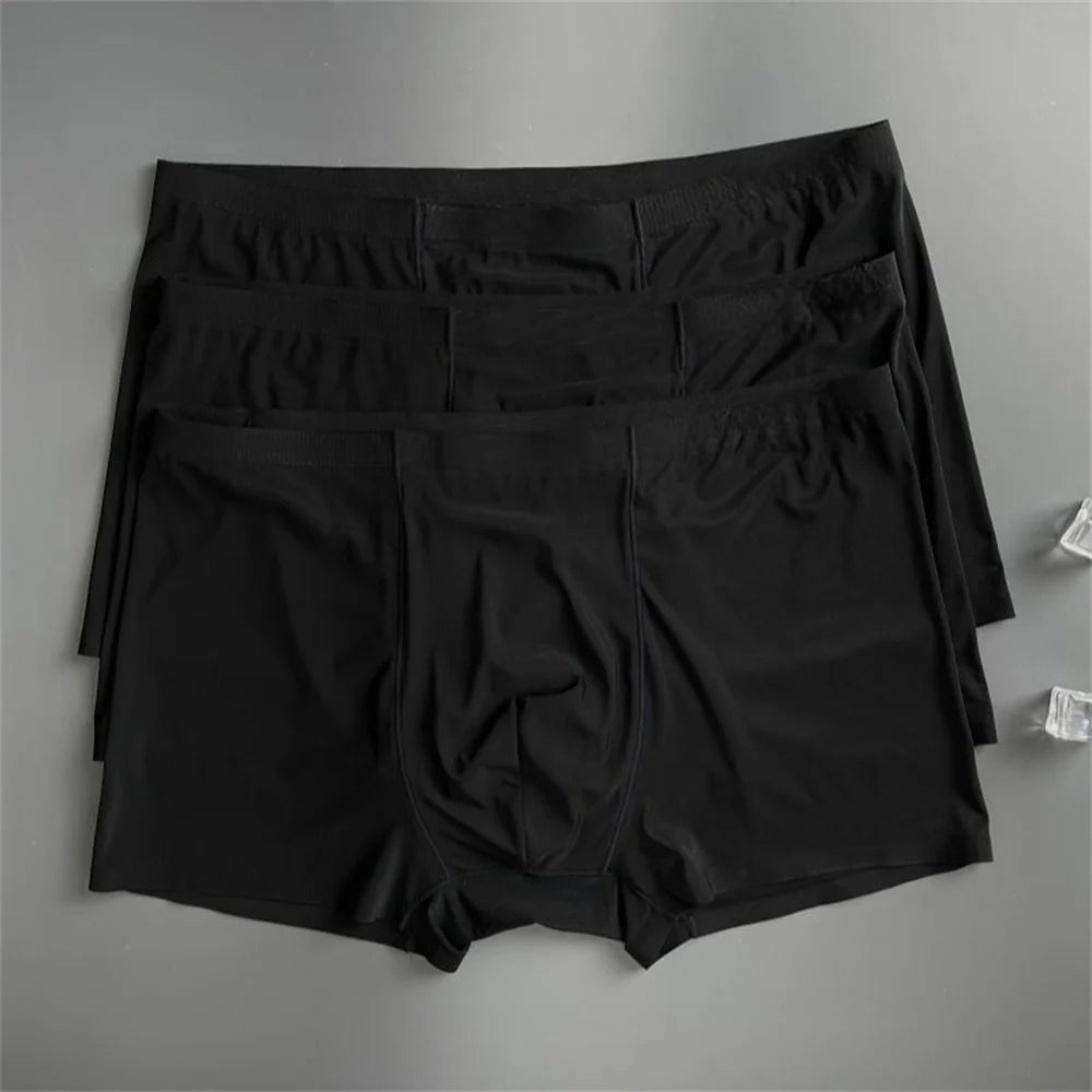 3 Pc Summer Ice Silk Underwear Men Sexy Boxers Seamless Male Underpants Plus Size Ultra-thin Trunk Shorts