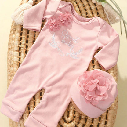 2pcs Newborn Rompers Spring Autumn Baby Girl Clothes Floral Cotton Blend Jumpsuit Overall + Hat Suit for 0-6 months
