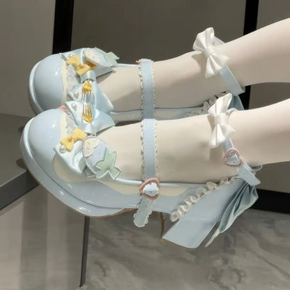 Lovely Girls Pink Lolita Butterfly Knot High Heels Platform Shoes for Women Cute Sakura Dress Mary Janes Beige Size 34-42