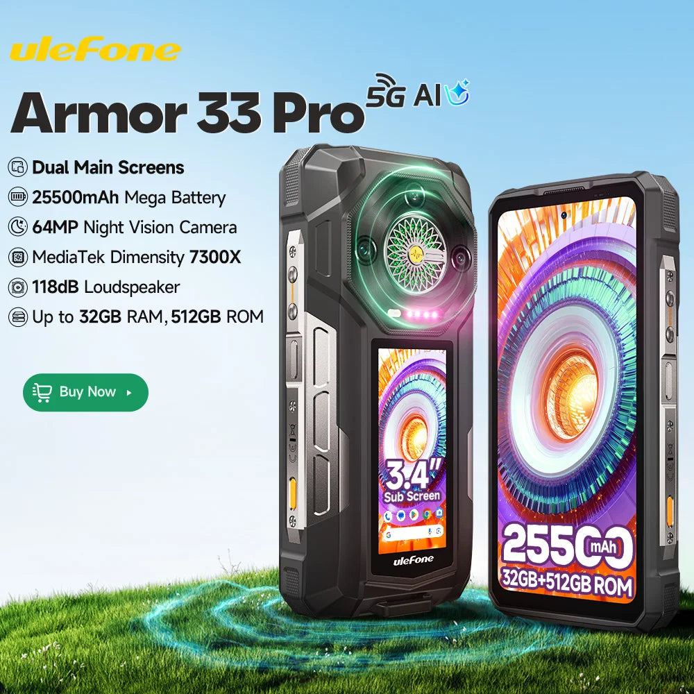 Ulefone Armor 33 Pro 5G Rugged Phone 25500mAh 512GB ROM 6.95” 120Hz 3.4" Rear Screen NFC Android Smartphone