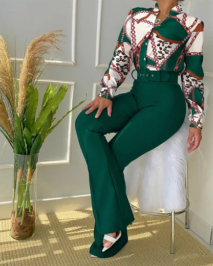 Women Autumn Winter Trouser Set Pants Suit Belt Long Sleeve Turndown Collar Button Printing Color Casual Fashion Regular Pants