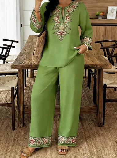 Two Piece Set Women Outfit 2026 Spring Autumn New Floral Print Round Neck Long Sleeve Loose Top & High Waist Casual Pants Set
