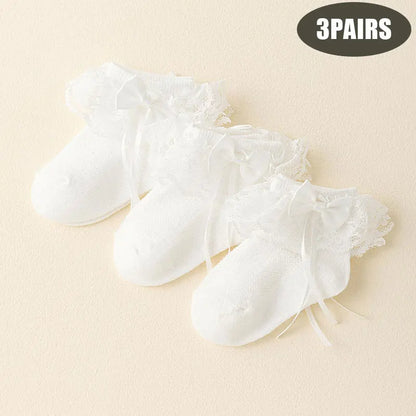 Baby and Toddler Socks, 3 Pairs of Lace and Lace Socks, Girls' Bow Socks, Summer Mesh Breathable Cotton Socks, Sweat-Absorbing