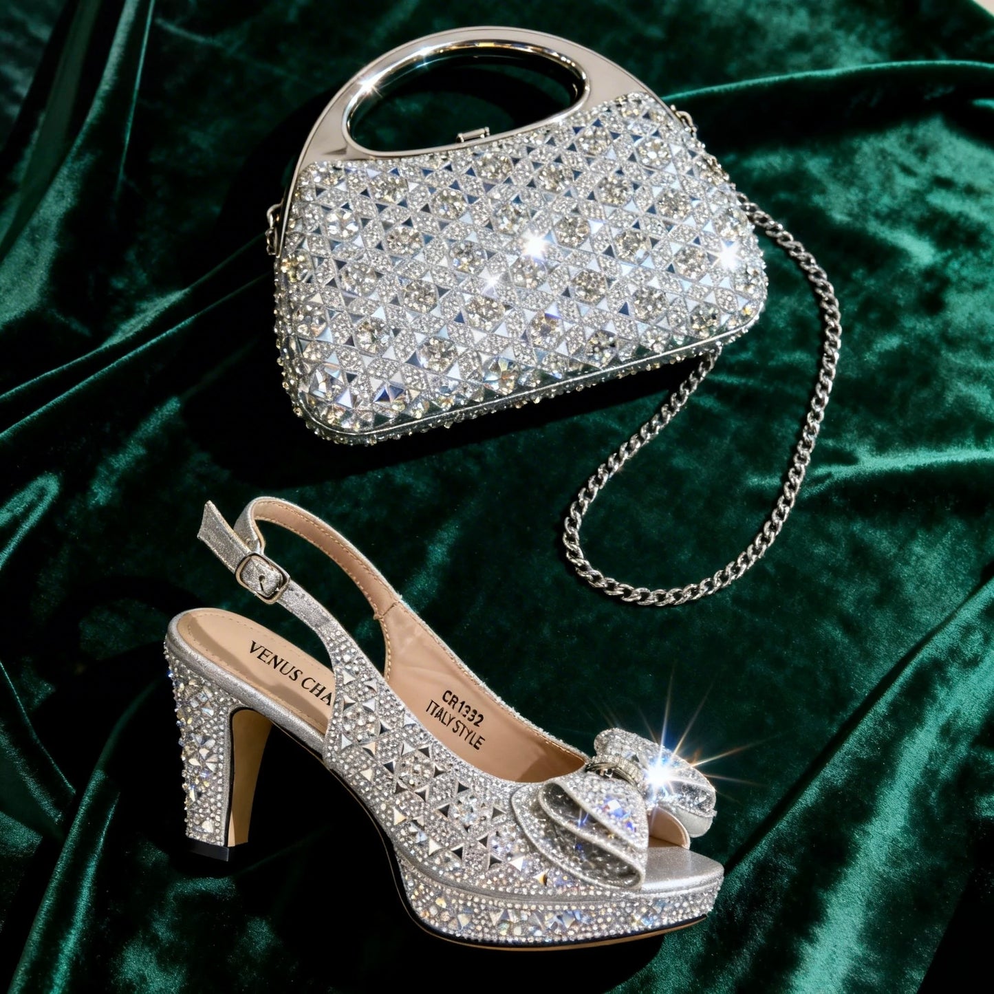Venus Chan 2026 Elegant Women's Rhinestone Peep Toe High Heels Sandals - Italian Design with Matching Blue Handbag