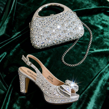 Venus Chan 2026 Elegant Women's Rhinestone Peep Toe High Heels Sandals - Italian Design with Matching Blue Handbag