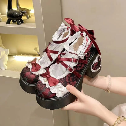 Fashion Mary Jane Women's Shoes Elegant Temperament Soft Sole Lace Lolita High Heels Beautiful Princess Shoes for Women Tacones