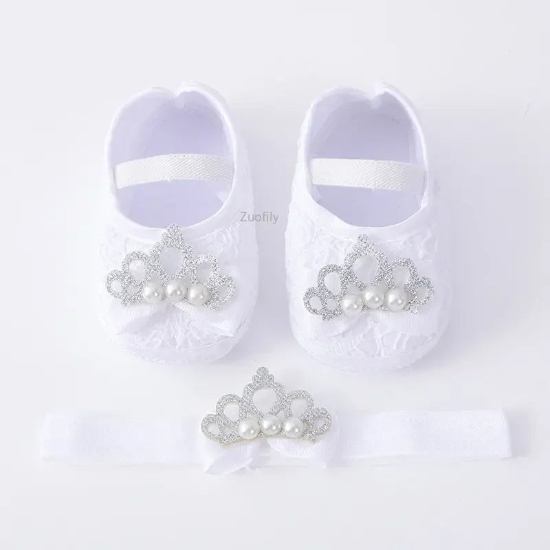 Spring Infant Baby Girl Shoes Newborn Lace Flowers Headband Anti-Slip Soft Sole First Walkers Toddler Kids Cotton Baptism Shoes