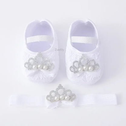 Spring Infant Baby Girl Shoes Newborn Lace Flowers Headband Anti-Slip Soft Sole First Walkers Toddler Kids Cotton Baptism Shoes