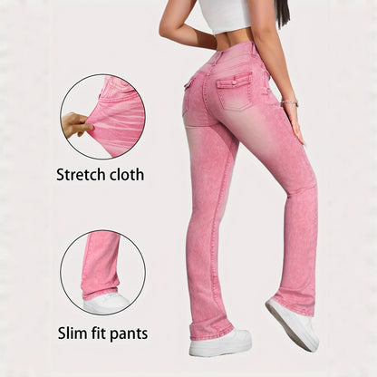 Slim Fit High Elasticity Colorful Candy Straight Leg Jeans Women's Pink Denim Pants Purple Pattern Long High Waist Jeans