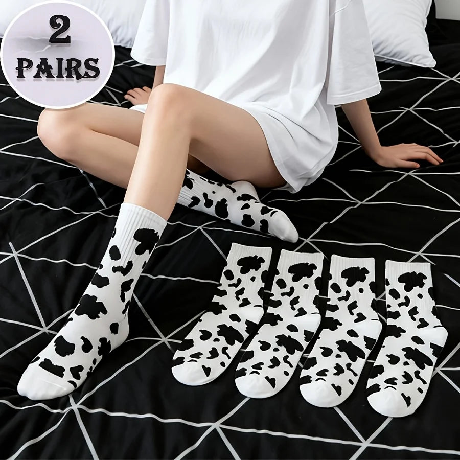 2 Pairs Cow Print Socks–Trendy Black&White Contrast Design,Soft&Skin-Friendly Unisex Crew Socks for Streetwear&Daily Outfits