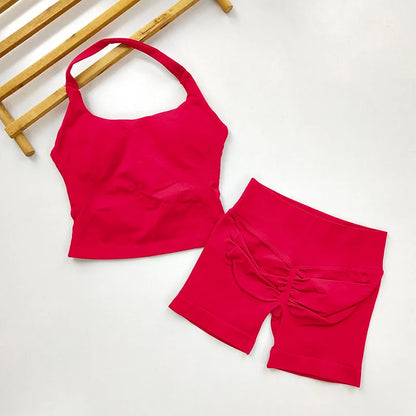 VEQKING Seamless 2pcs Women Yoga Sets Open Back Longline Sports Halter Bras Running Tank Tops Scrunch Butt Gym Workourt Shorts
