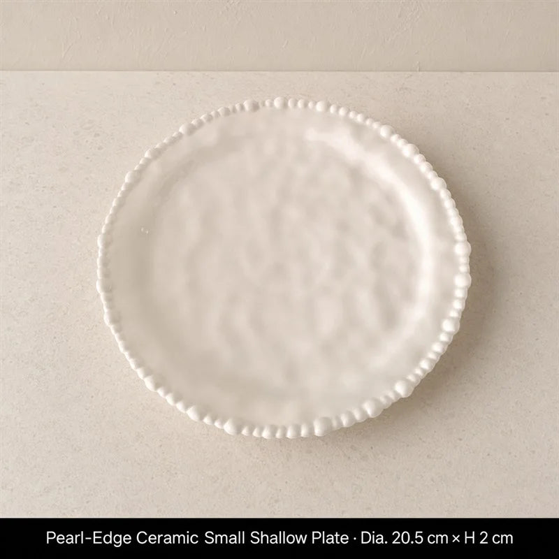 Color Value White French Pearl Edge Ceramic Dinnerware Set Elegant Steak Plate Bowl for Home Kitchen Dining