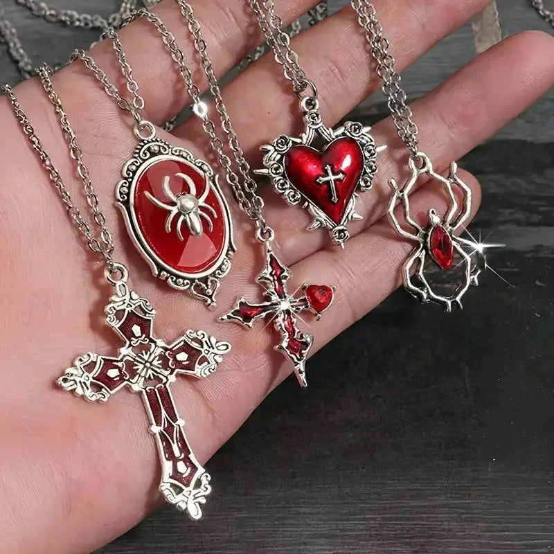5Pcs Gothic Necklace Set For Women Halloween Jewelry Heart Bat Spider Cross Pendant Sweater Chain Trendy Daily Accessories Gift