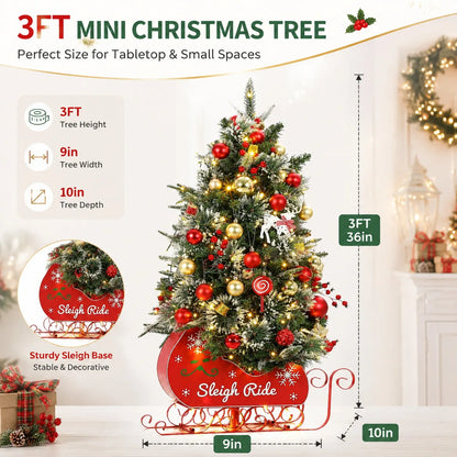 3‘ Artificial Christmas Tree Pre Lit Fiber Optic with 78 Warm White LED Lights 8 Mode Lighting Sleigh Ride Base USB Powered Battery Operated Tabletop Xmas Tree No Assembly