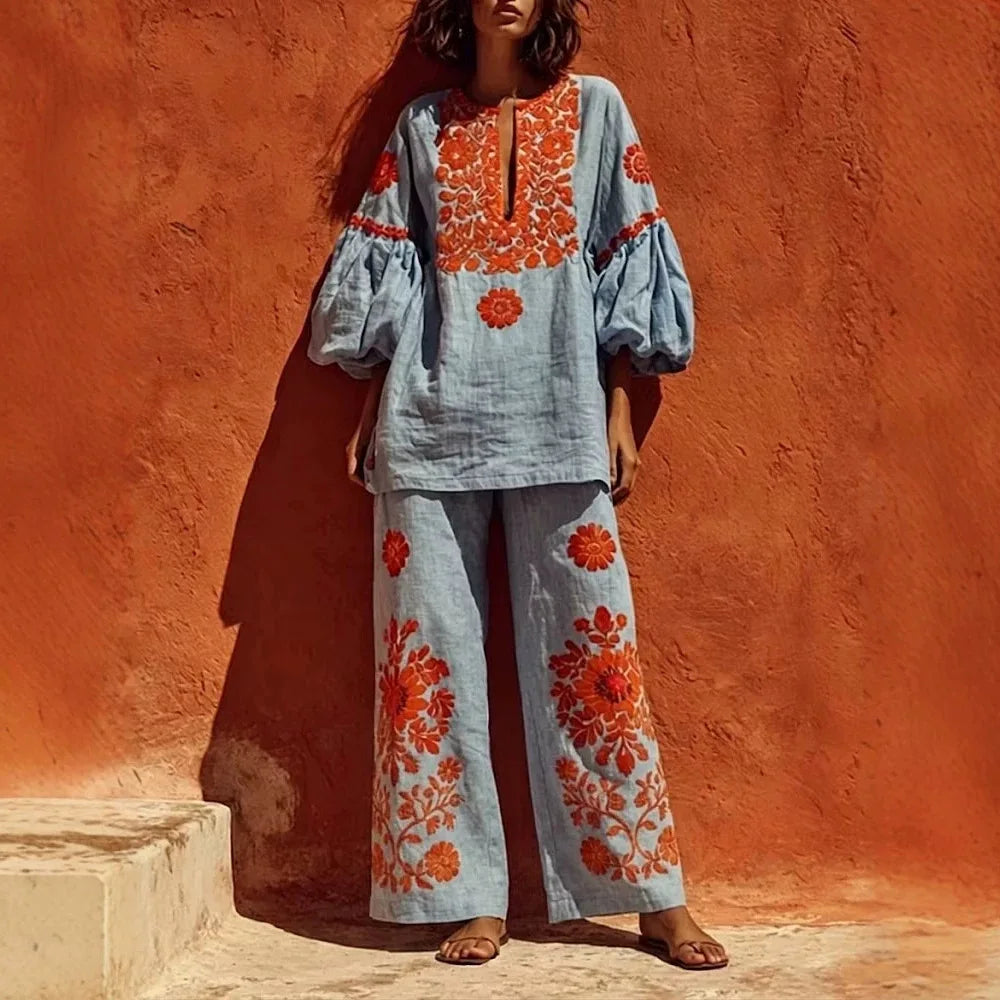 New Summer Women Boho Linen 2 Piece Outfit Floral Print Lantern Sleeve O Neck Blouse Wide Leg Pants Autumn Vintage Holiday Sets