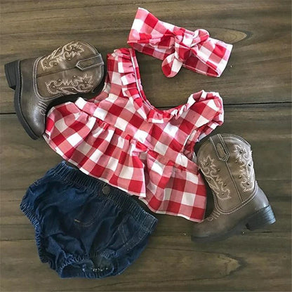 Pudcoco Baby Girls Clothes Sets Red and White Plaid Sleeveless Top Denim Shorts with Headband Toddler Girl Summer Outfits 0-3T