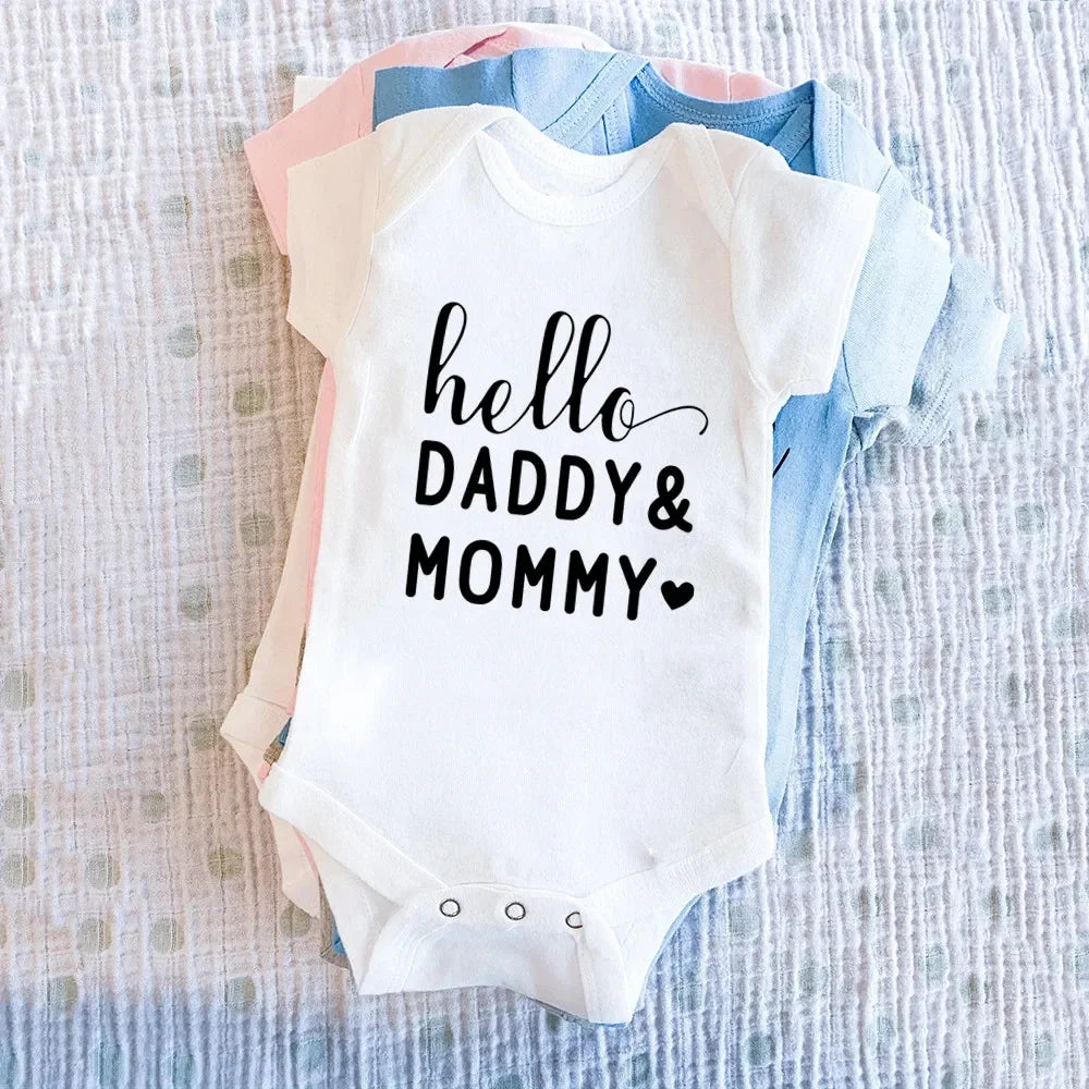 Hello Daddy Mommy Newborn Baby Bodysuit Pure Cotton Short Sleeve Summer Jumpsuit Cute Baby Onesie