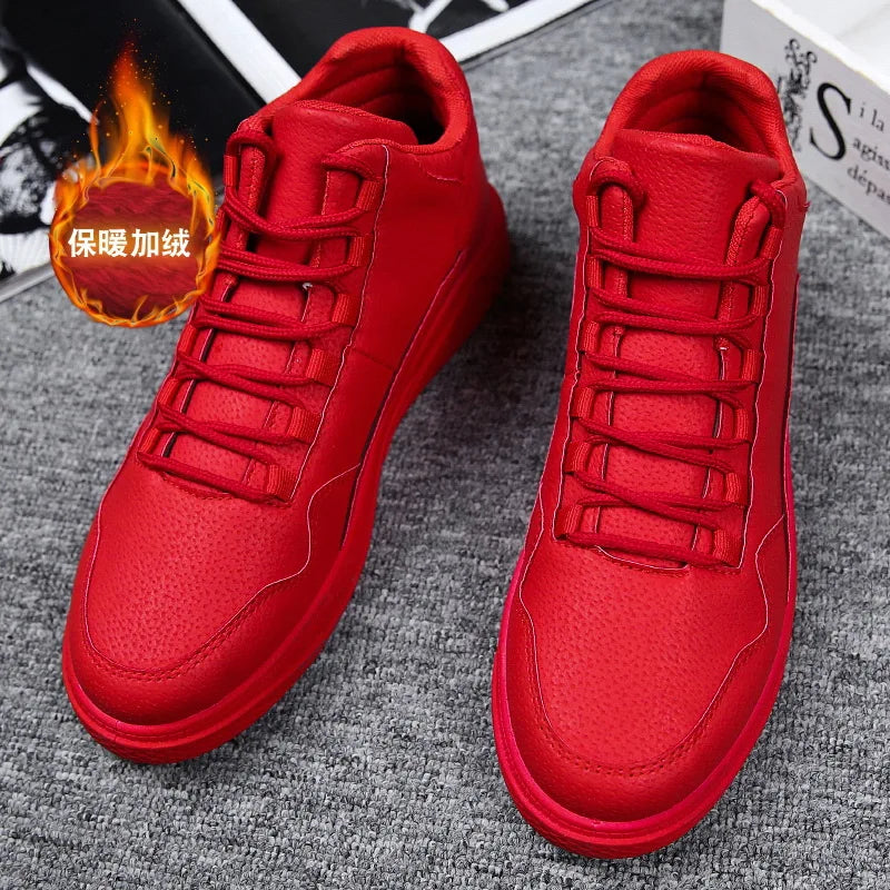 Keep Warm Men's Red High-Top Leather Skate Shoes Flat Lace-Up Sneakers Versatile Casual Streetwear Non-Slip Grip Sole Footwear