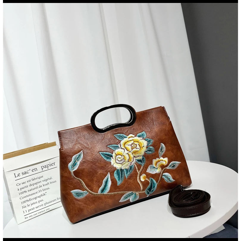 Elegant Women's Handbag Embroidered Peony Print Crossbody Bag Wear-Resistant Fashionable Daily Use Square Shape Zipper Closure